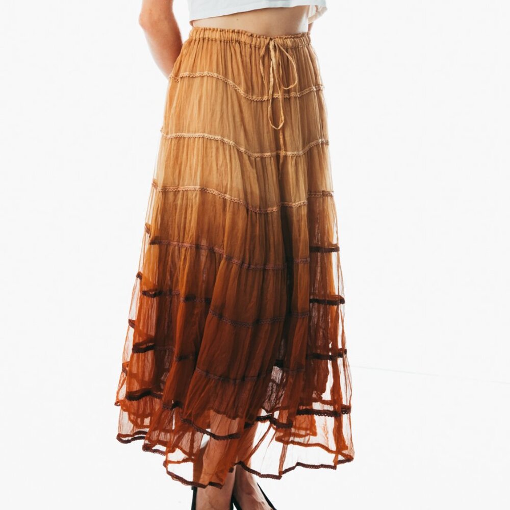 Summer Elastic Waist brown midi Skirt Cotton Casual Loose Skirts A-line Pleat